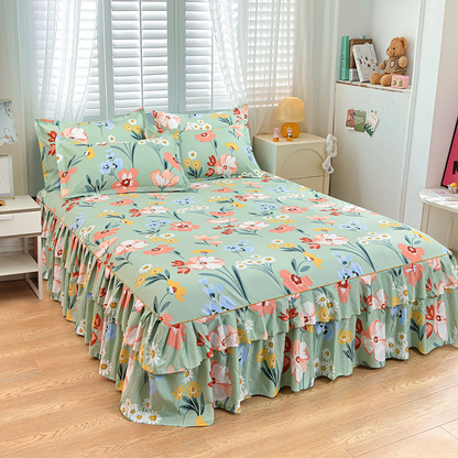 Cache-sommier de luxe – Ensemble 3 pièces met 2 taies d’oreiller & doubles volants (Housse de sommier)
