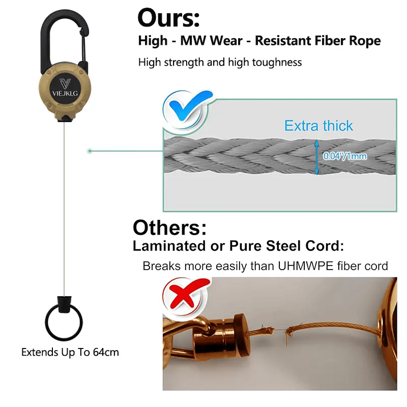 Porte-clés rétractable avec mousqueton – Câble en acier de 65 cm, léger et résistant à l'usure
