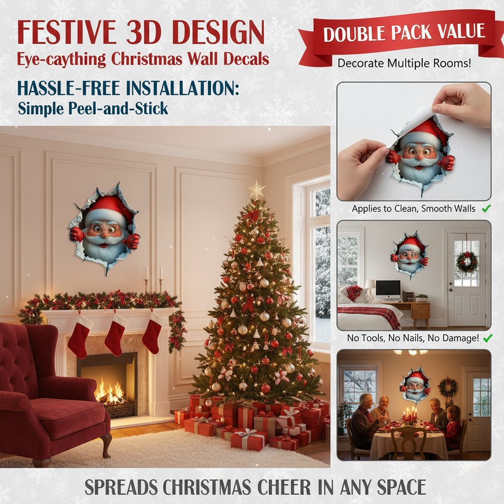 Sticker mural 3D de Noël, 1 lot (2 pièces) | Créez une ambiance de Noël en une minute