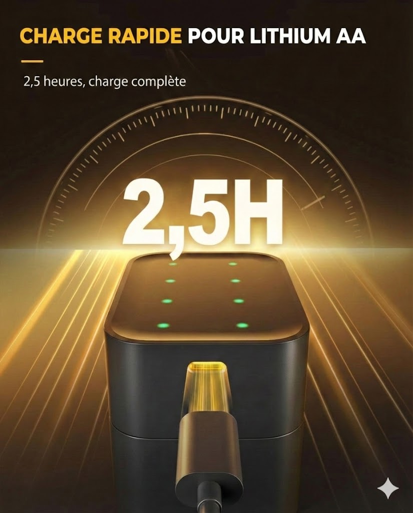 Set de chargeur de piles avec 8 piles rechargeables AA - Chargeur rapide 2,5 h (Compatible AA et AAA)