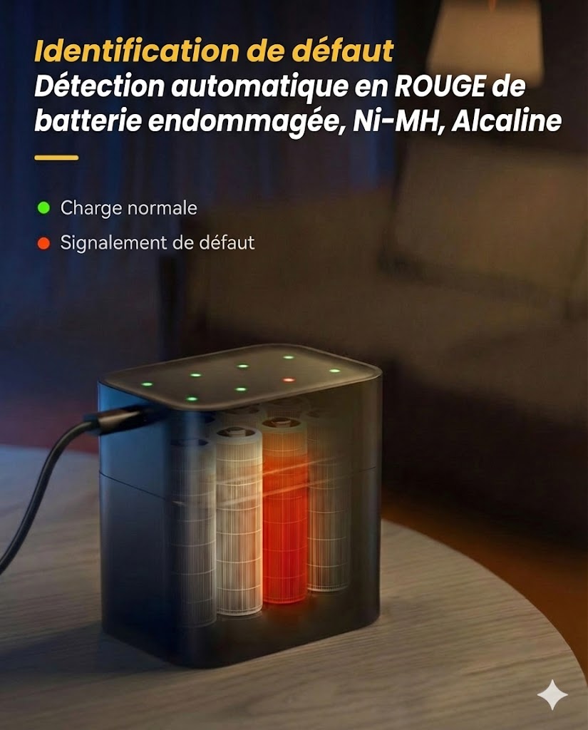 Set de chargeur de piles avec 8 piles rechargeables AA - Chargeur rapide 2,5 h (Compatible AA et AAA)