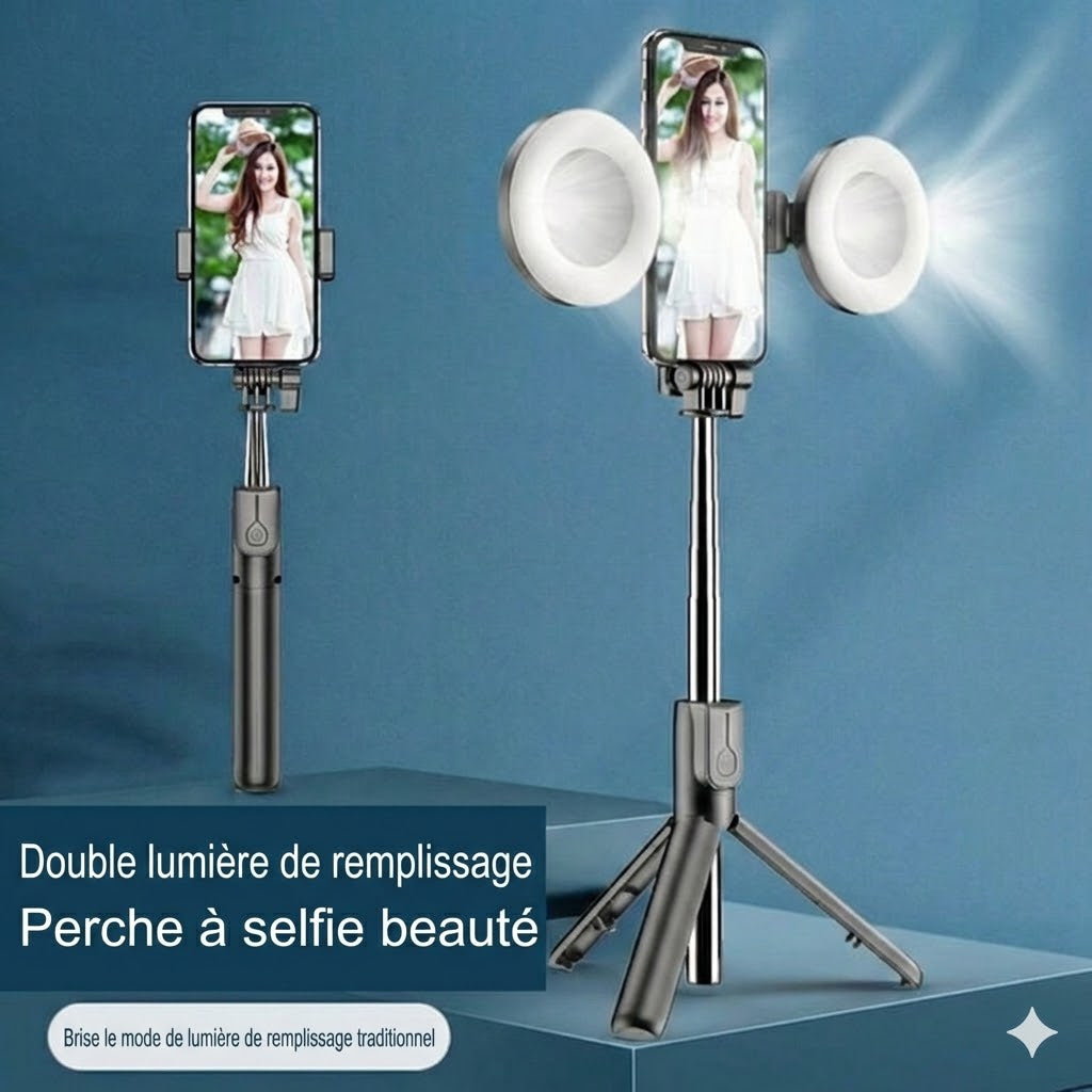 Perche à Selfie Trépied 6-en-1 avec Lumière – Trépied Bluetooth avec Télécommande (Pour iPhone & Android)