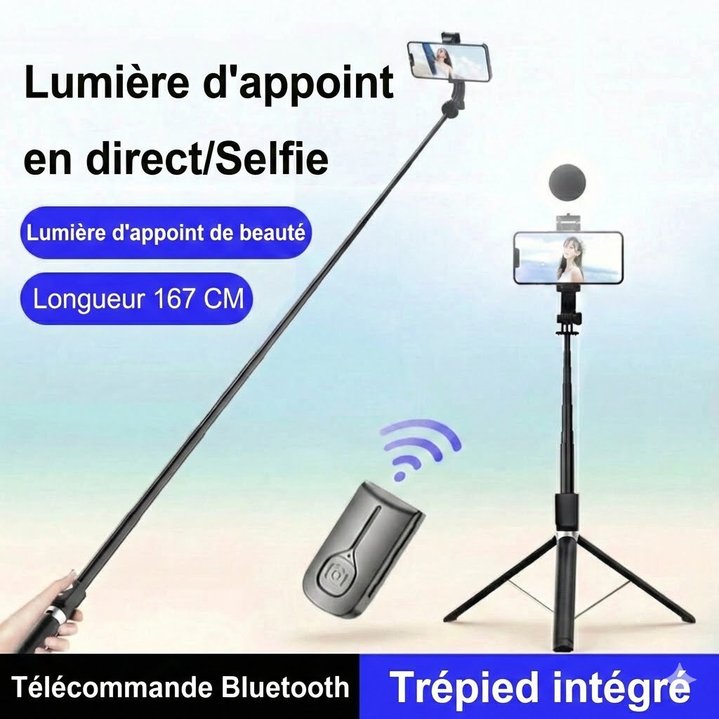 Perche à Selfie Trépied 6-en-1 avec Lumière – Trépied Bluetooth avec Télécommande (Pour iPhone & Android)