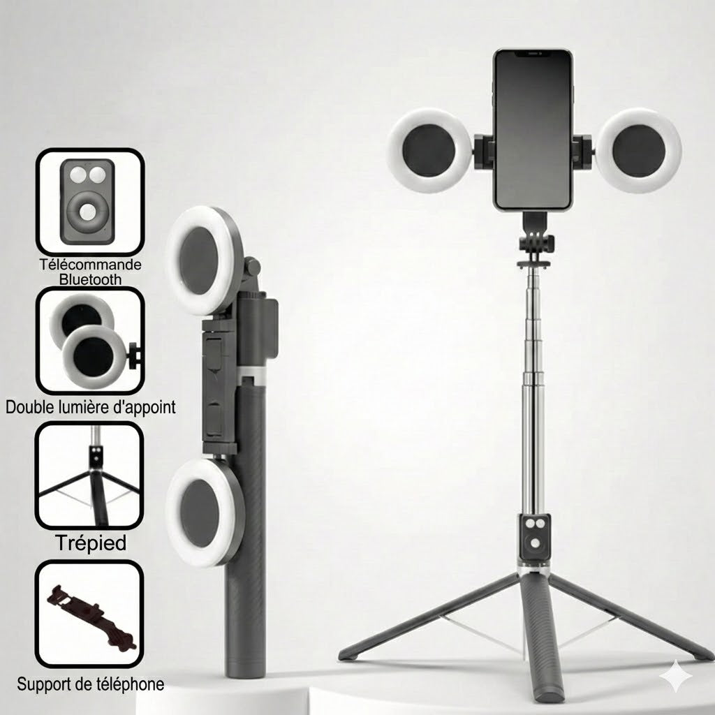 Perche à Selfie Trépied 6-en-1 avec Lumière – Trépied Bluetooth avec Télécommande (Pour iPhone & Android)