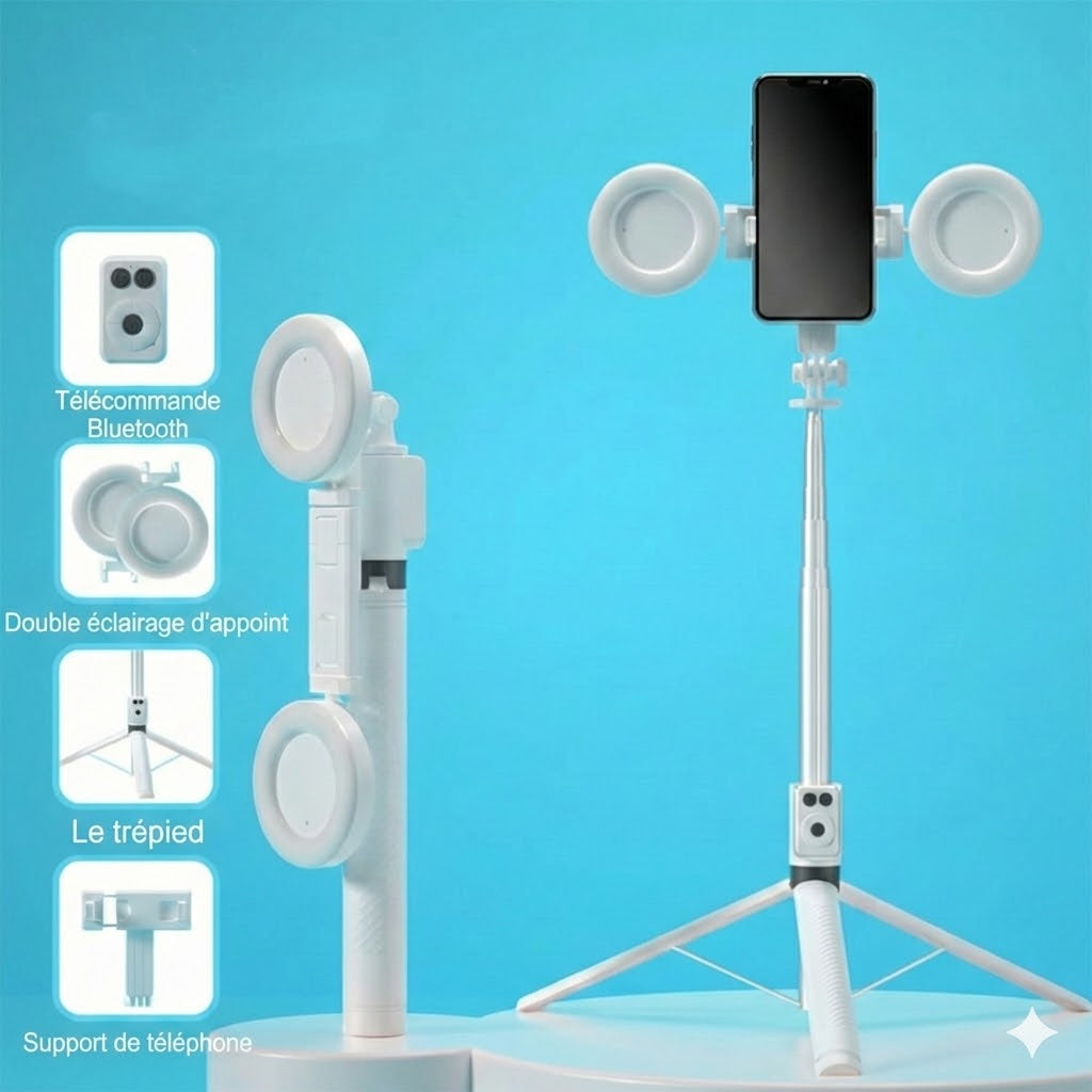 Perche à Selfie Trépied 6-en-1 avec Lumière – Trépied Bluetooth avec Télécommande (Pour iPhone & Android)