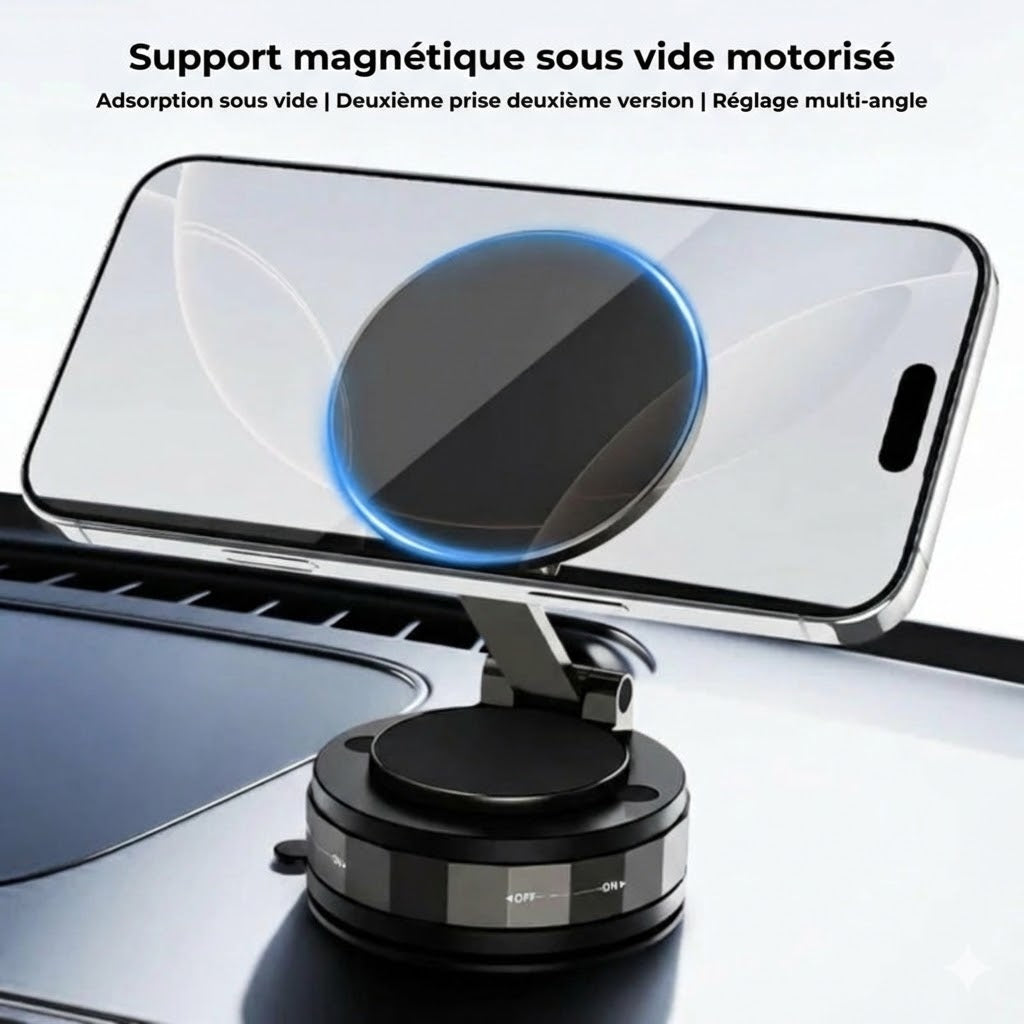 Support Téléphone Voiture Magnétique – Adsorption sous vide & Magnétique – Rotatif à 360° – Ultra-stable sur Tableau de bord & Pare-brise