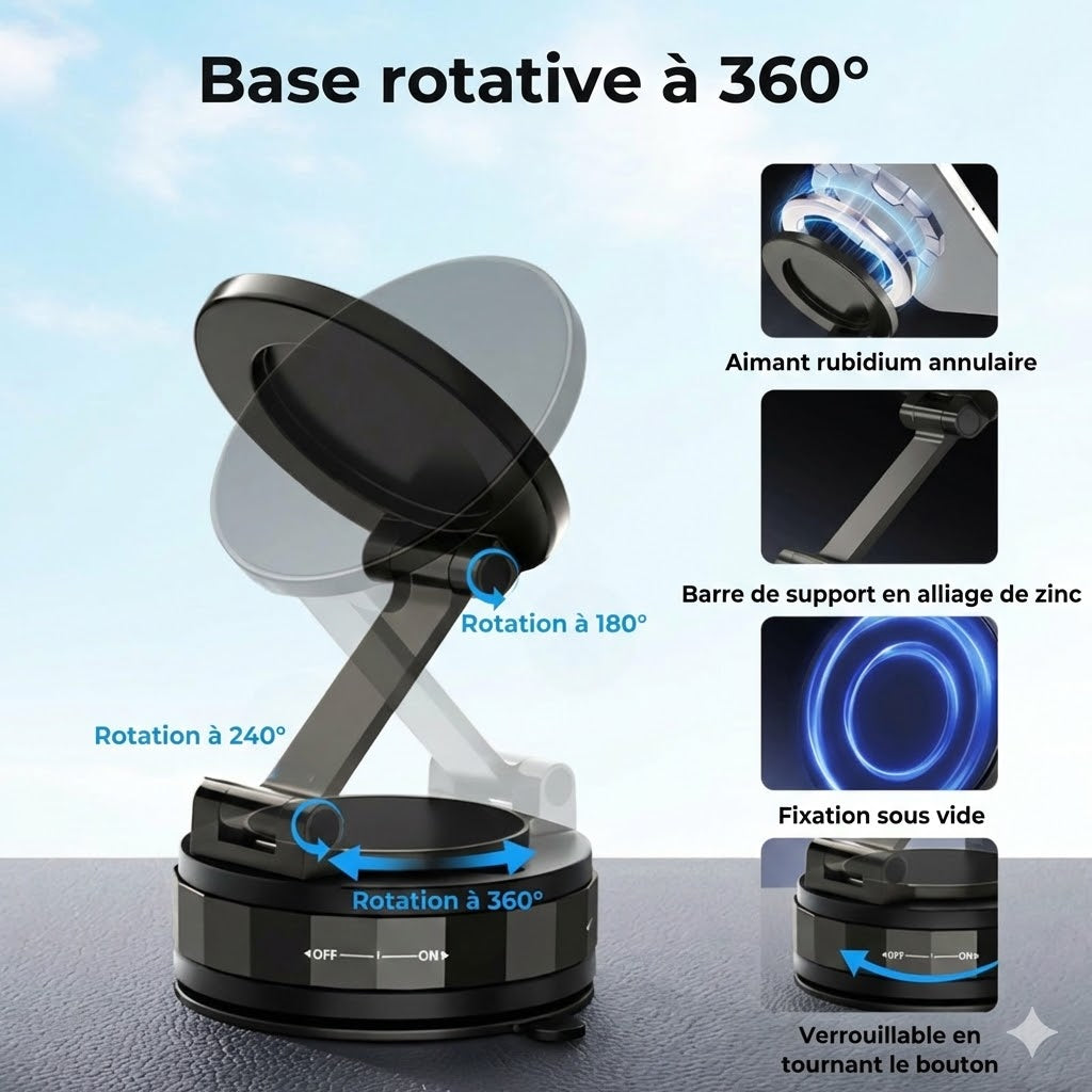 Support Téléphone Voiture Magnétique – Adsorption sous vide & Magnétique – Rotatif à 360° – Ultra-stable sur Tableau de bord & Pare-brise