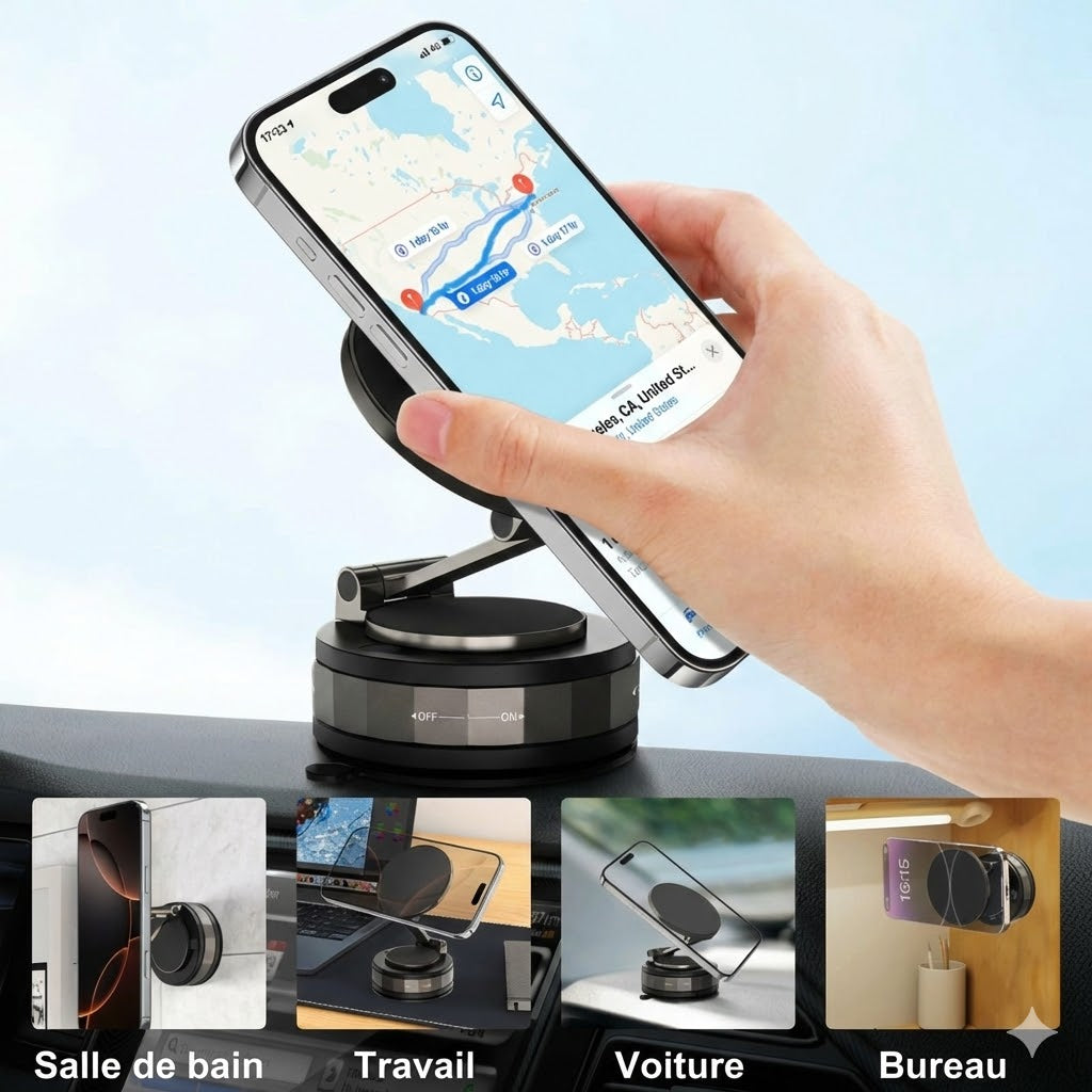 Support Téléphone Voiture Magnétique – Adsorption sous vide & Magnétique – Rotatif à 360° – Ultra-stable sur Tableau de bord & Pare-brise