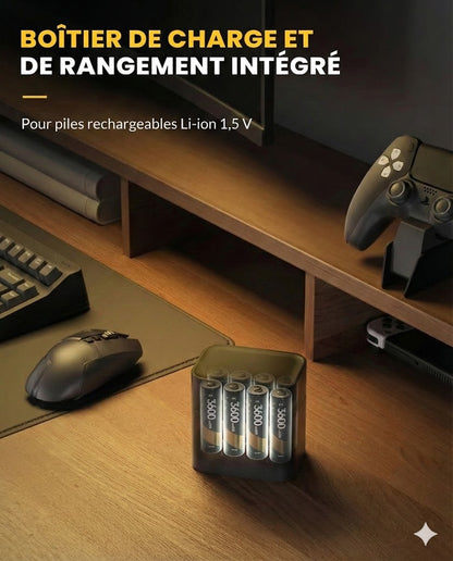Set de chargeur de piles avec 8 piles rechargeables AA - Chargeur rapide 2,5 h (Compatible AA et AAA)