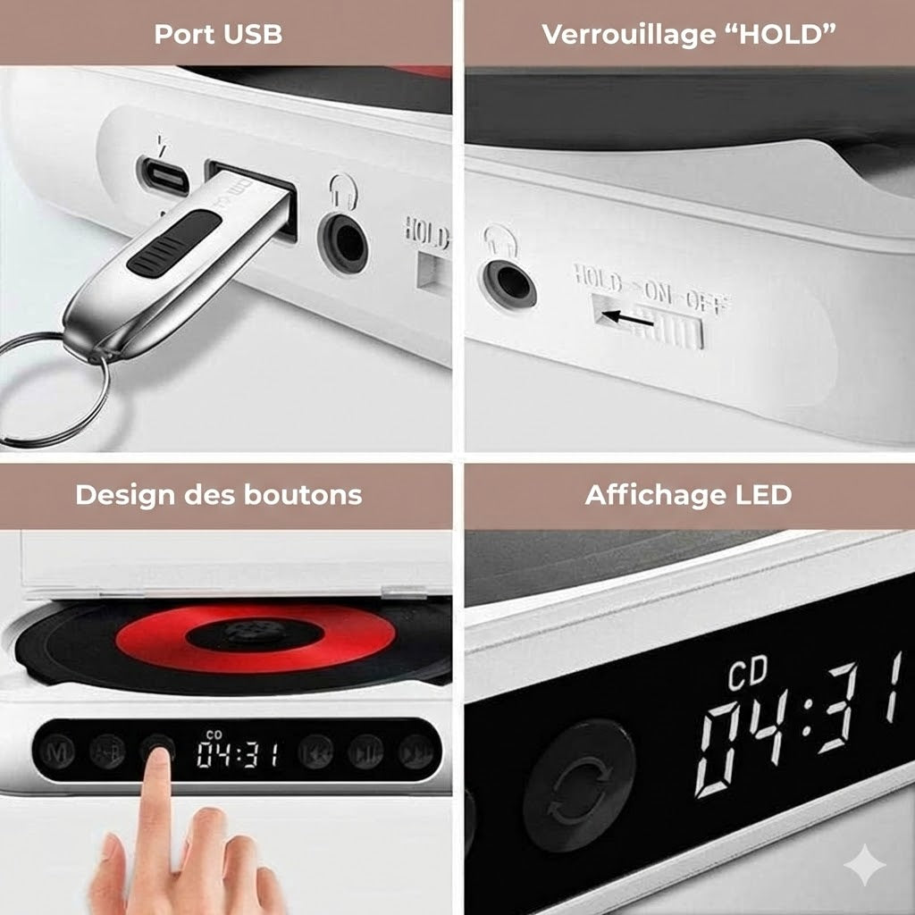 Lecteur CD Portable avec Bluetooth – Discman Rechargeable pour Voiture et Voyages (Anti-Choc)