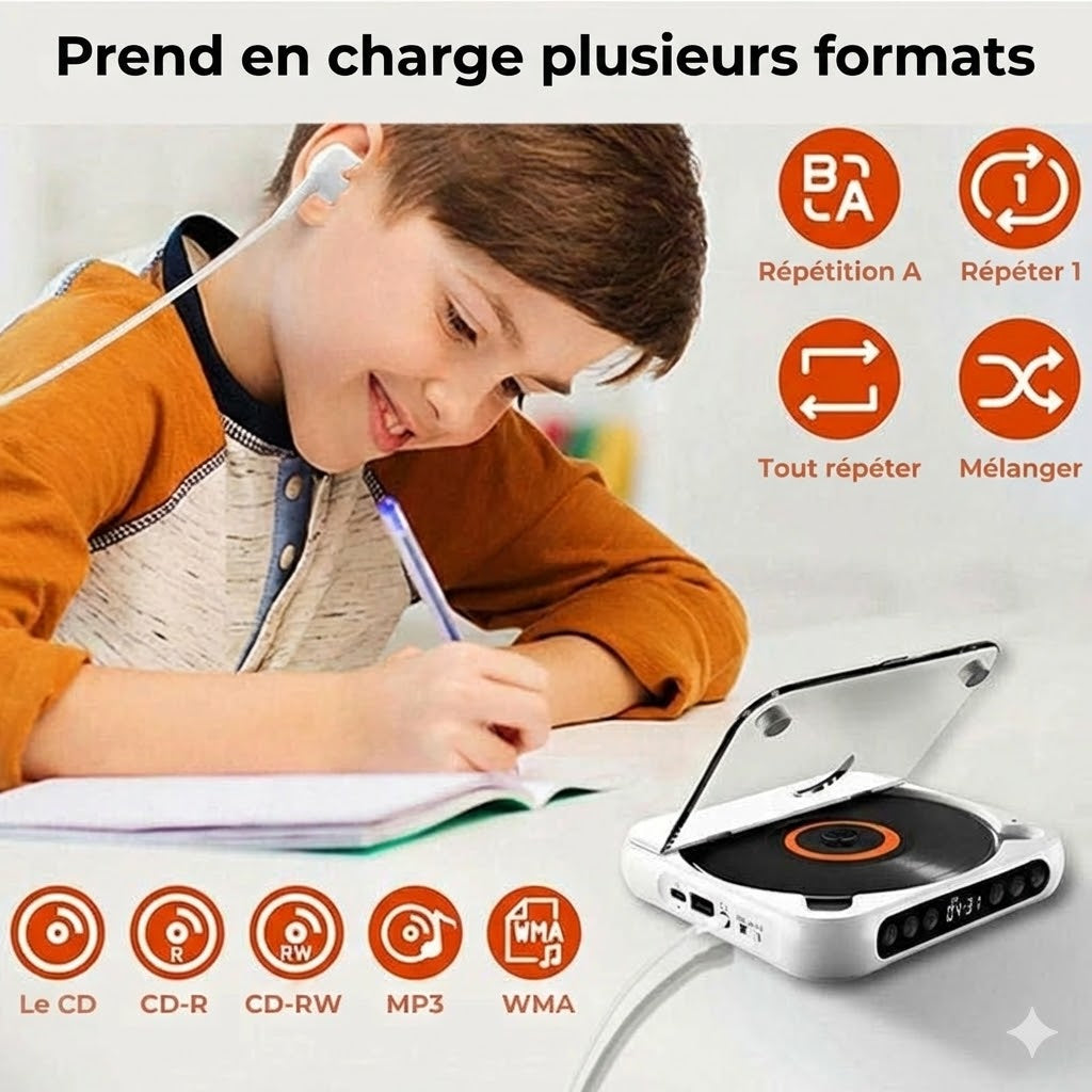 Lecteur CD Portable avec Bluetooth – Discman Rechargeable pour Voiture et Voyages (Anti-Choc)