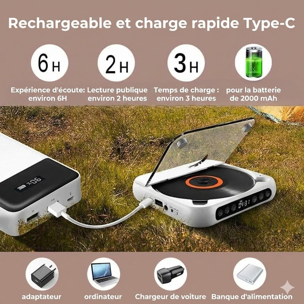 Lecteur CD Portable avec Bluetooth – Discman Rechargeable pour Voiture et Voyages (Anti-Choc)