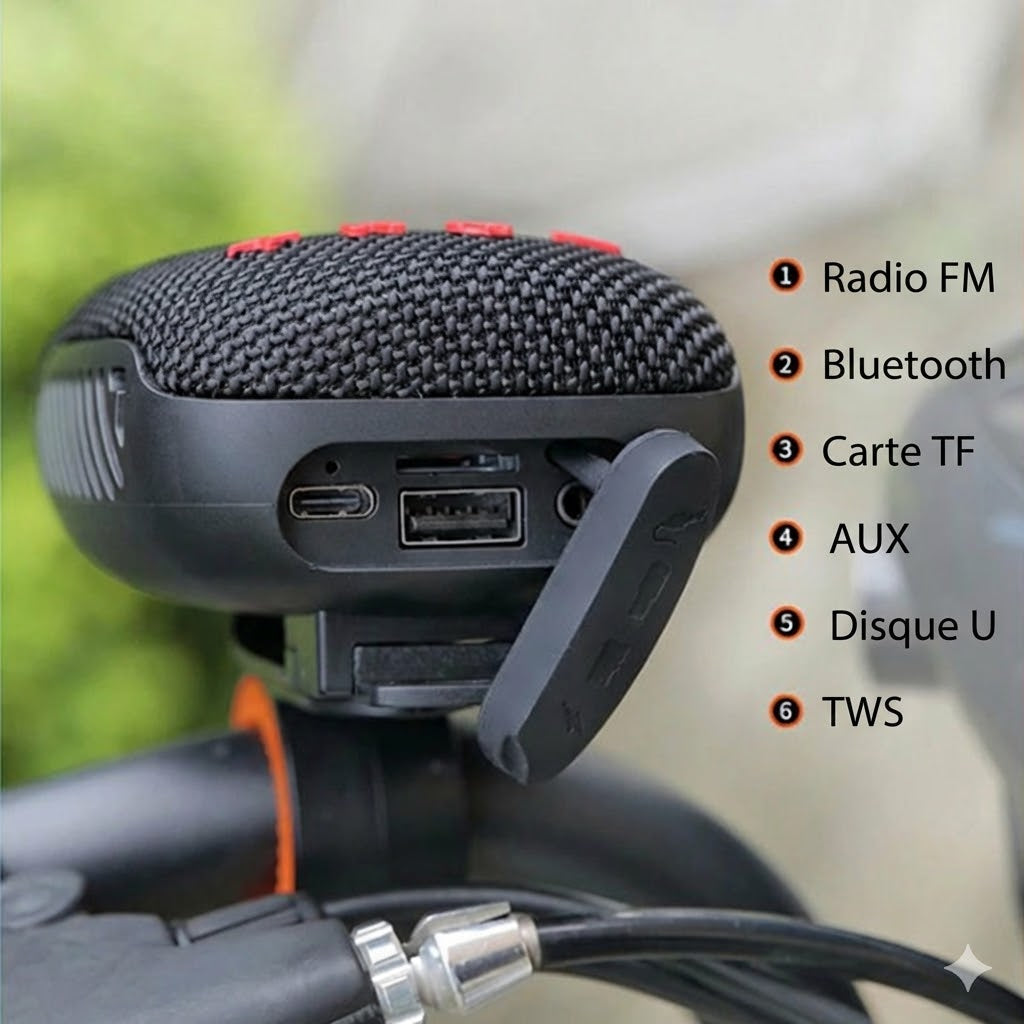 Enceinte Bluetooth pour Vélo – Haut-parleur étanche avec support robuste (Anti-choc & Mains libres)