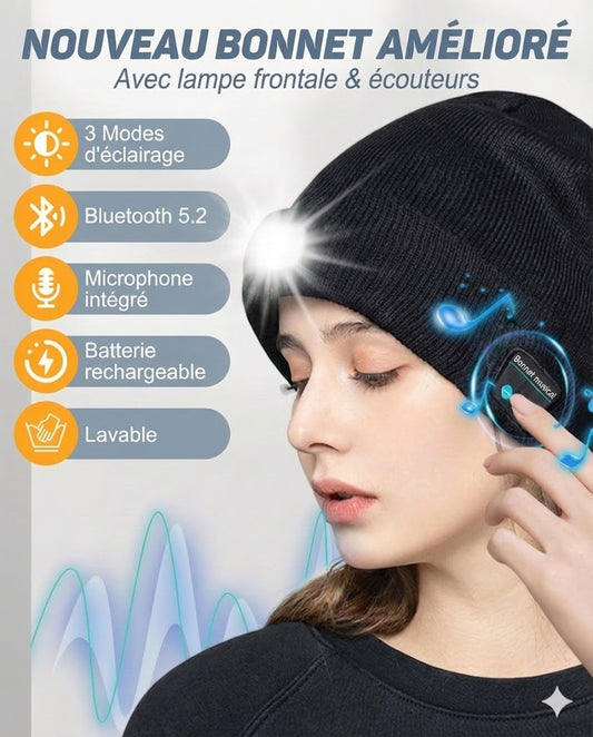 Bonnet Bluetooth avec Lampe Frontale LED Rechargeable USB