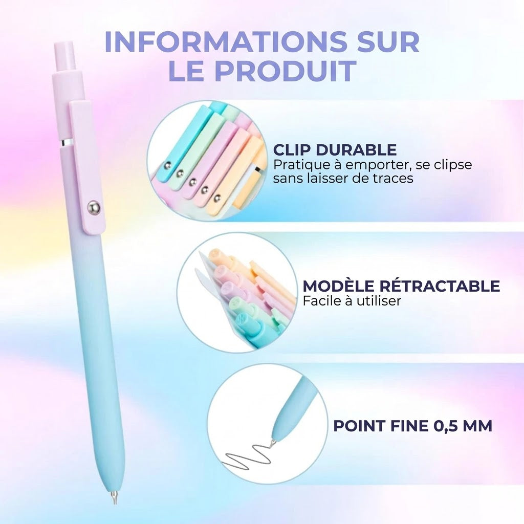 Set de stylos gel de luxe (5 pièces) - Design dégradé esthétique - Encre à séchage rapide de 0,5 mm