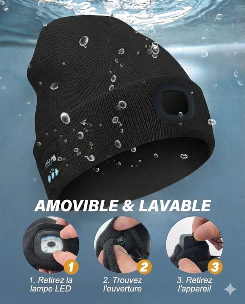 Bonnet Bluetooth avec Lampe Frontale LED Rechargeable USB
