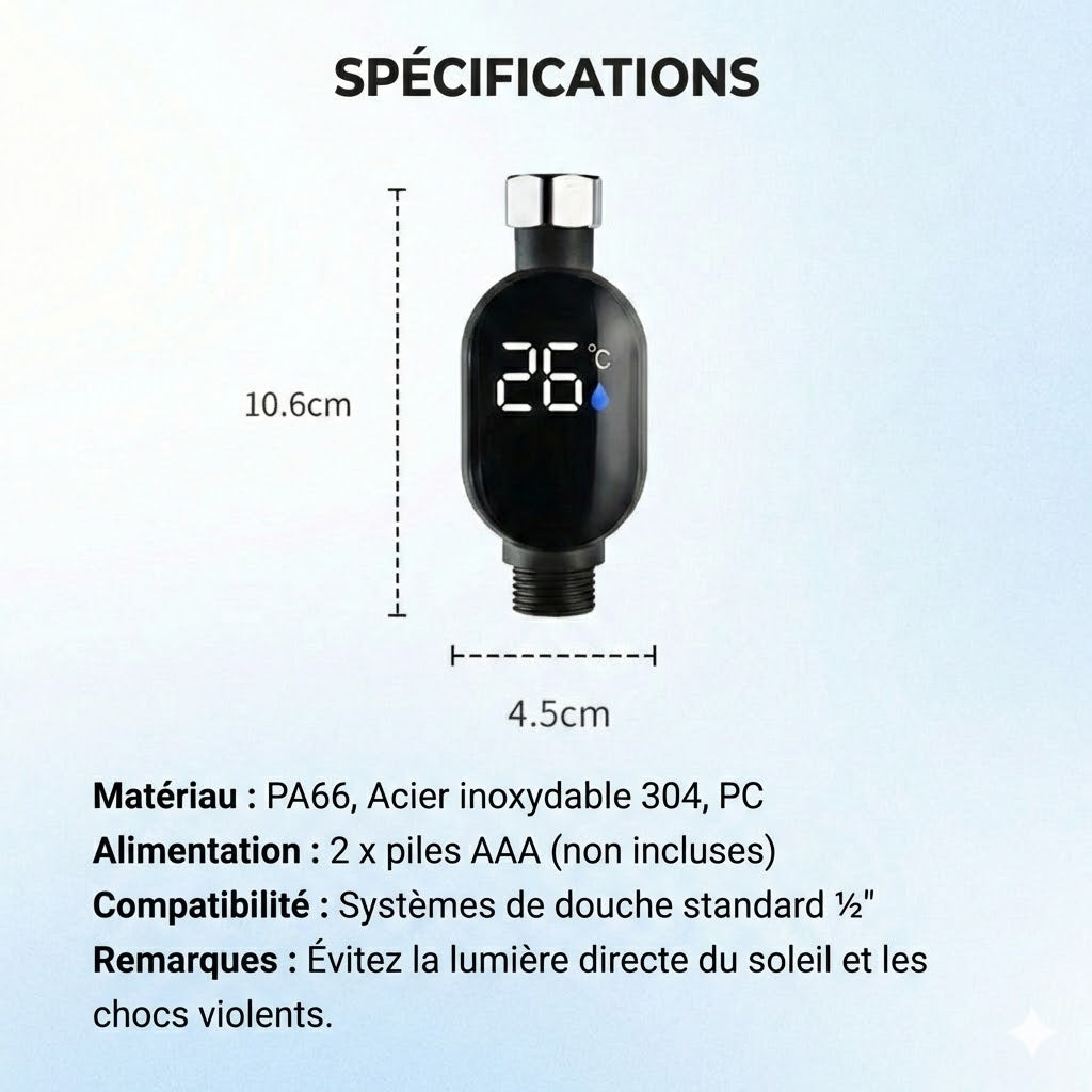 Thermomètre de Douche Digital – Thermomètre d'eau LED sans piles (Sûr pour bébé et enfant)