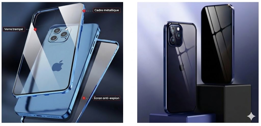 Coque iPhone Magnétique Anti-Espion – Protection à 360 degrés – Verre Trempé de Confidentialité – Double face & Antichoc
