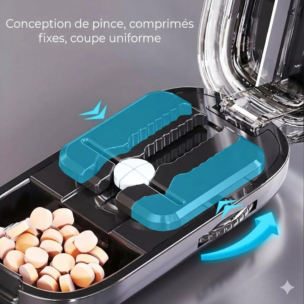 Coupe-Pilule et Séparateur de Comprimés 2-en-1 – Réglable pour toutes les tailles – Coupe de précision (Transparent)