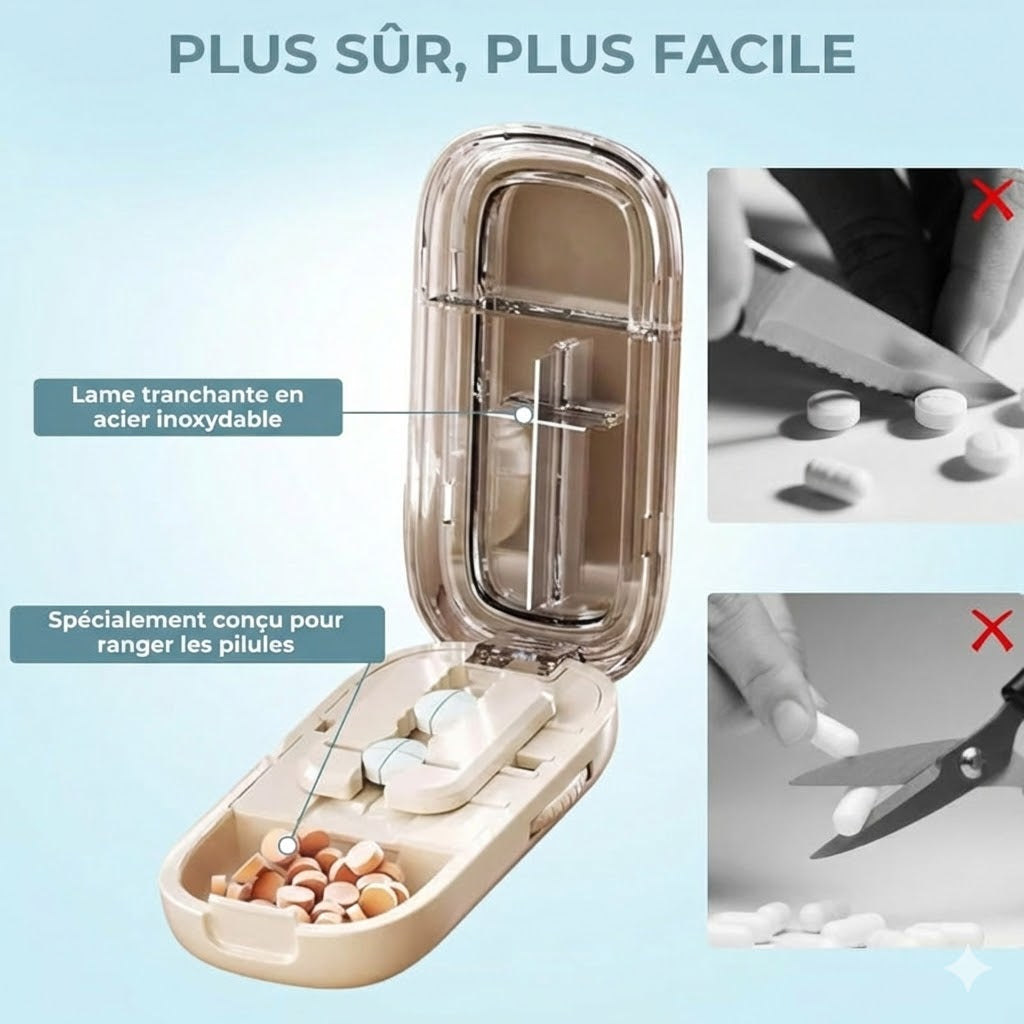 Coupe-Pilule et Séparateur de Comprimés 2-en-1 – Réglable pour toutes les tailles – Coupe de précision (Transparent)