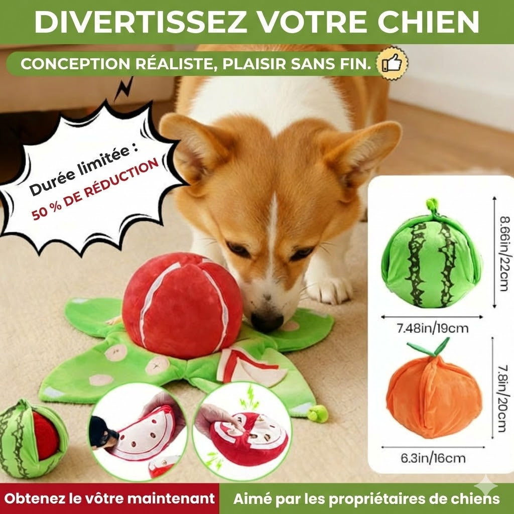 Jeu de fouille interactif pour chien - Peluche puzzle fruit avec cachettes