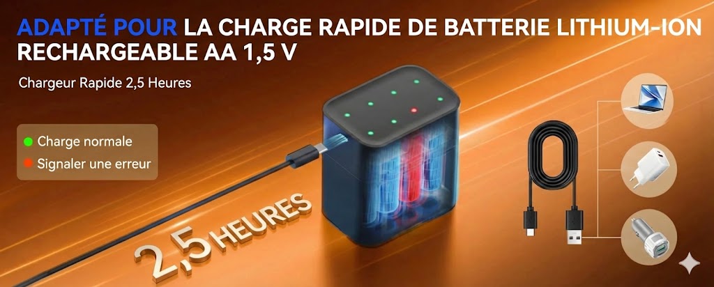Set de chargeur de piles avec 8 piles rechargeables AA - Chargeur rapide 2,5 h (Compatible AA et AAA)