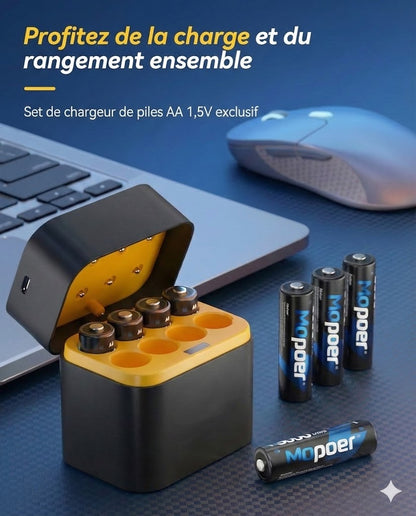 Set de chargeur de piles avec 8 piles rechargeables AA - Chargeur rapide 2,5 h (Compatible AA et AAA)